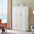 White & Gold Wardrobe Storage Cabinet — Freestanding Armoire with Drawers