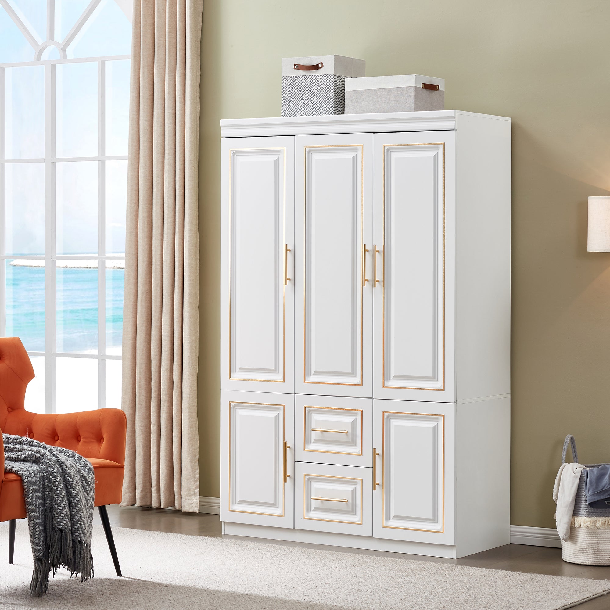 White & Gold Wardrobe Storage Cabinet — Freestanding Armoire with Drawers