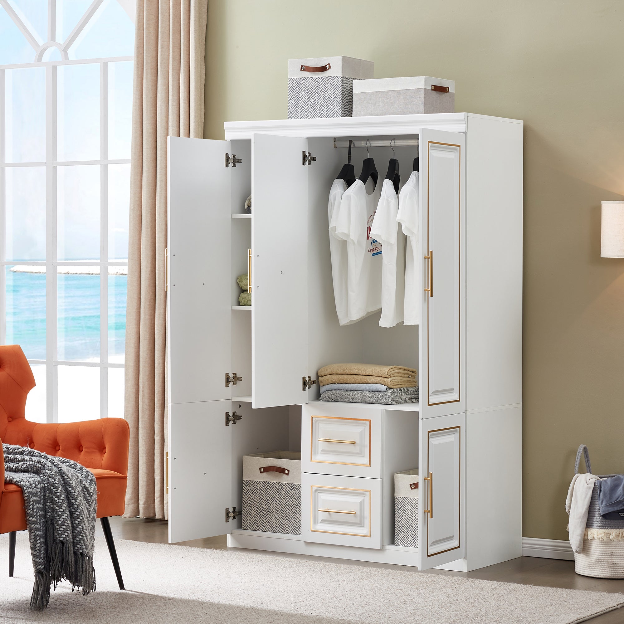 White & Gold Wardrobe Storage Cabinet — Freestanding Armoire with Drawers