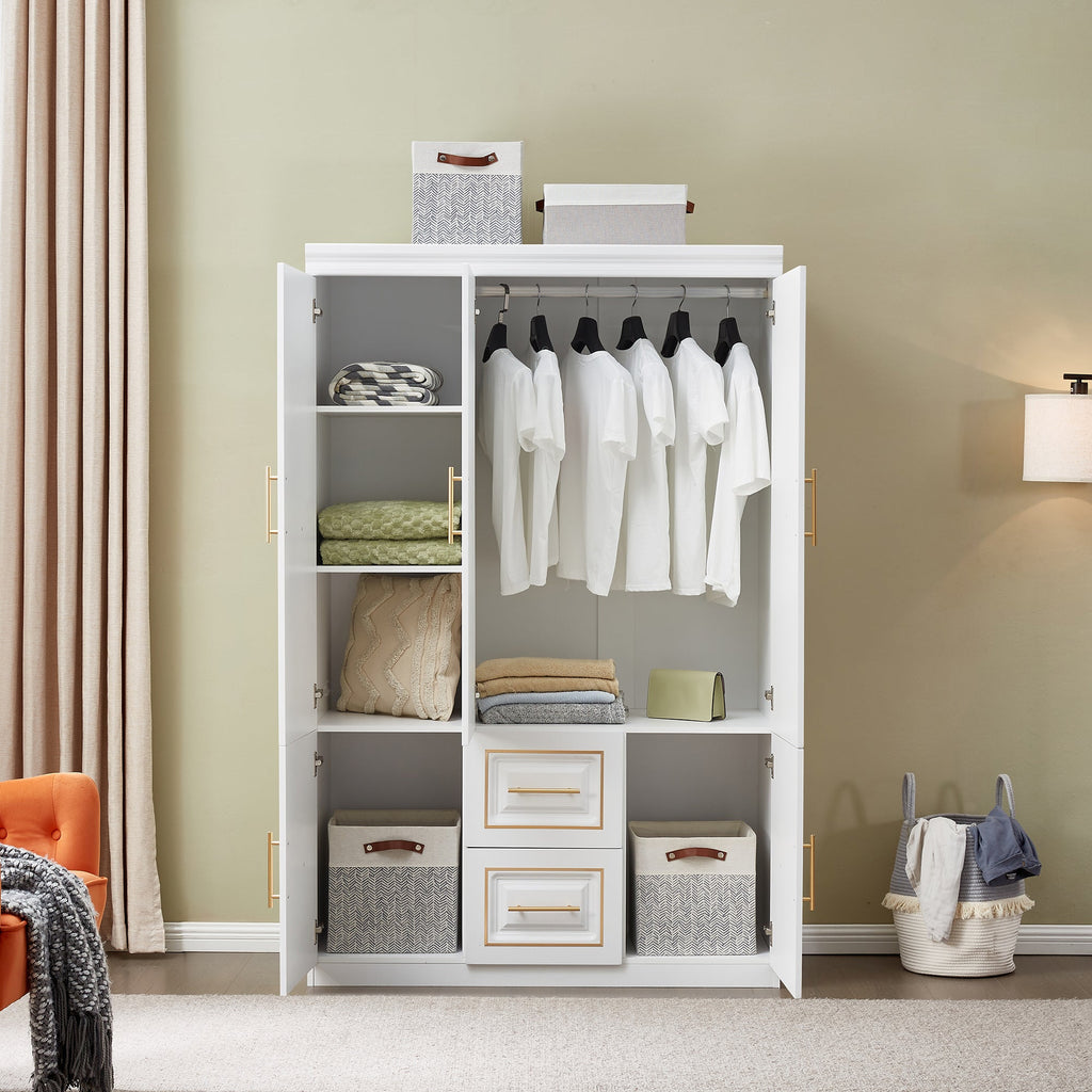 White & Gold Wardrobe Storage Cabinet — Freestanding Armoire with Drawers