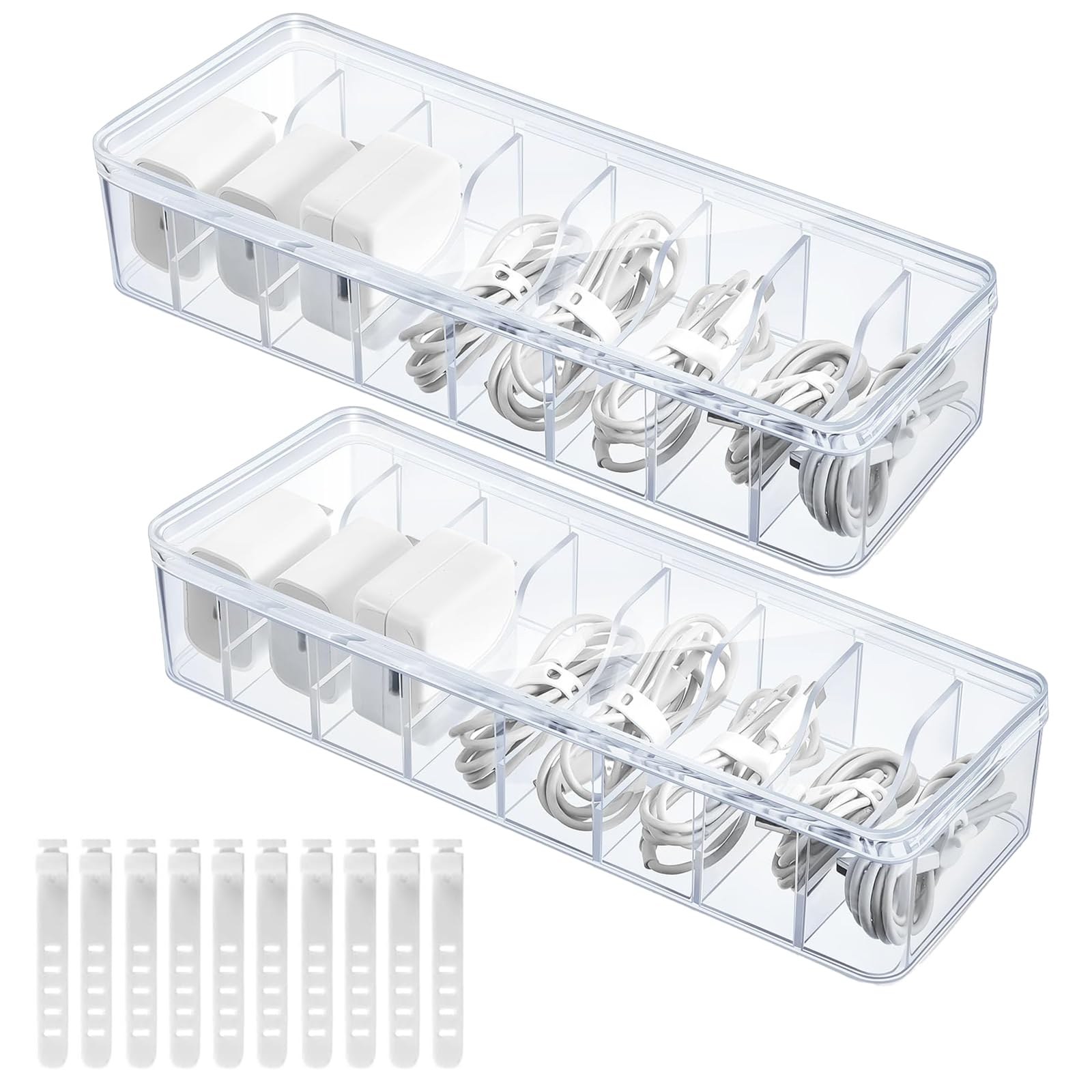 2 Pack Plastic Cord Organizer Box with 20 Wire Ties Electronics