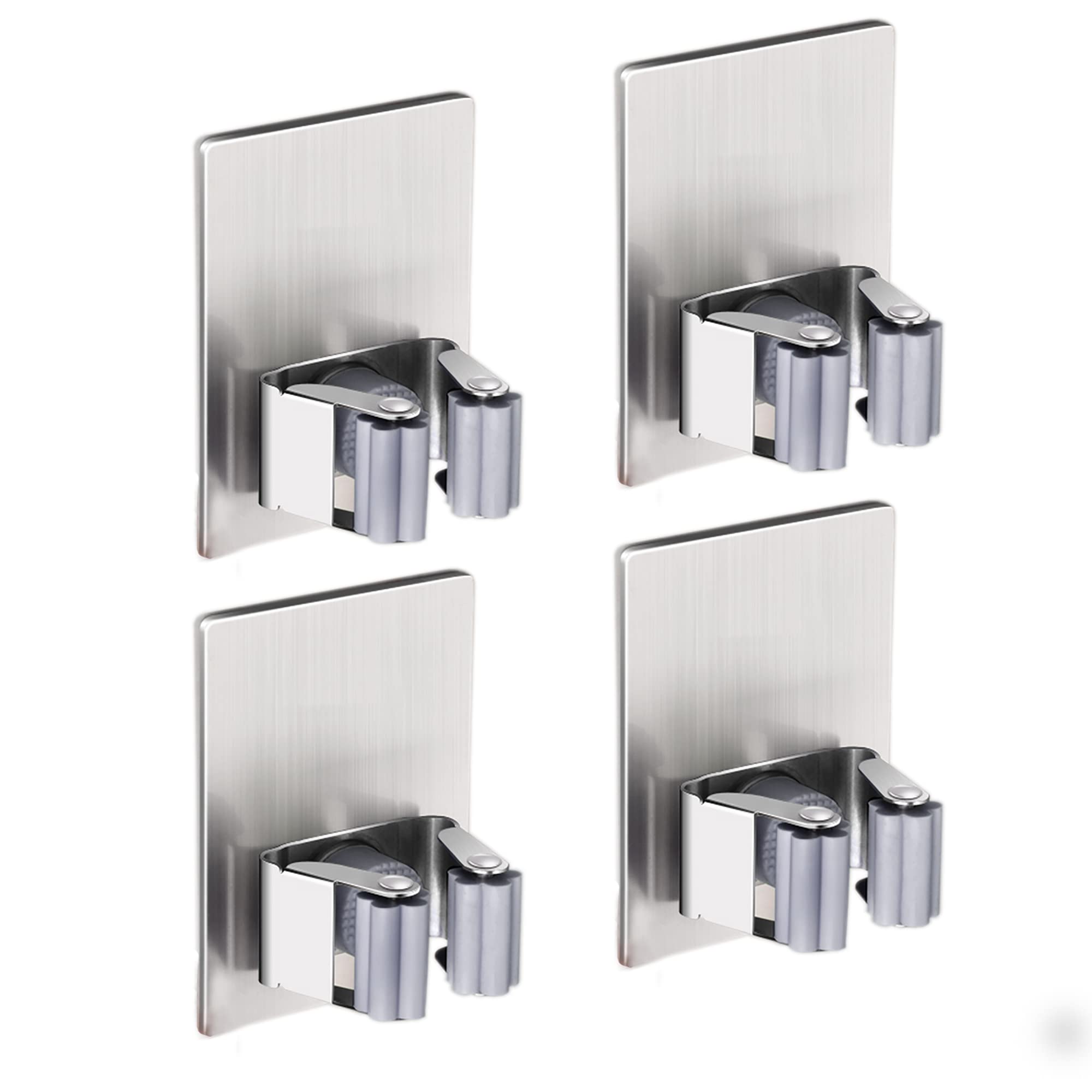 HANZE 4 Pack Stainless Steel Mop Broom Holder Organizer Self Adhesive Wall Mounted Mop Organizer Storage Rack Clip for Kitchen Bathroom and Garage (Rectangle Large)