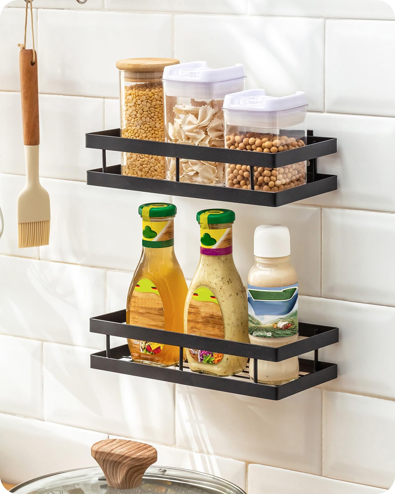 Metal Spice Rack Wall Mount Floating Shelves 2 Pack Black Storage
