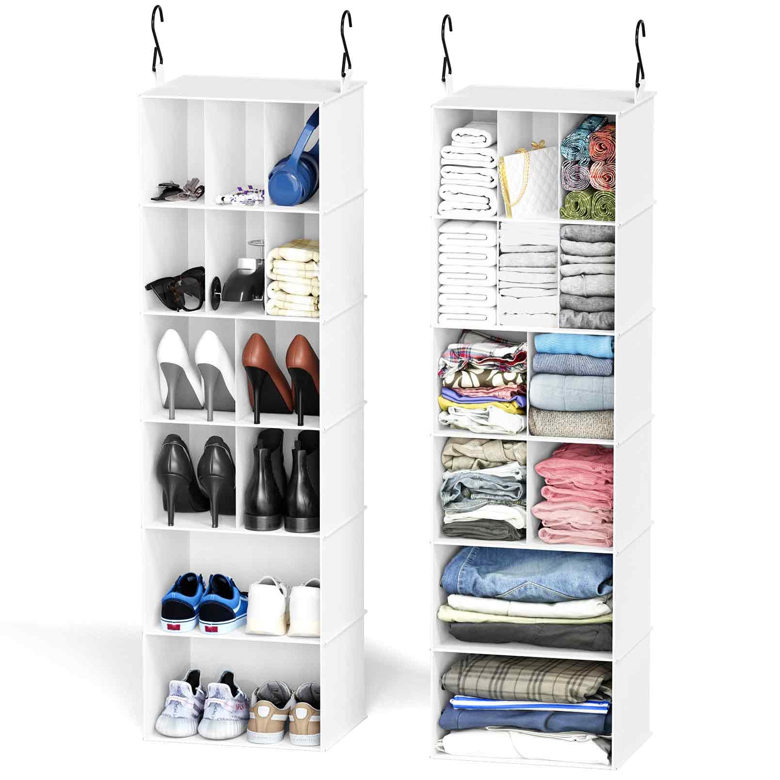 SpaceAid 2 Pack Hanging Closet Organizer and Storage with Dividers 24 Compartments Hanging Shoe Shelves for Closet Wardrobe RV Garment Rack - White