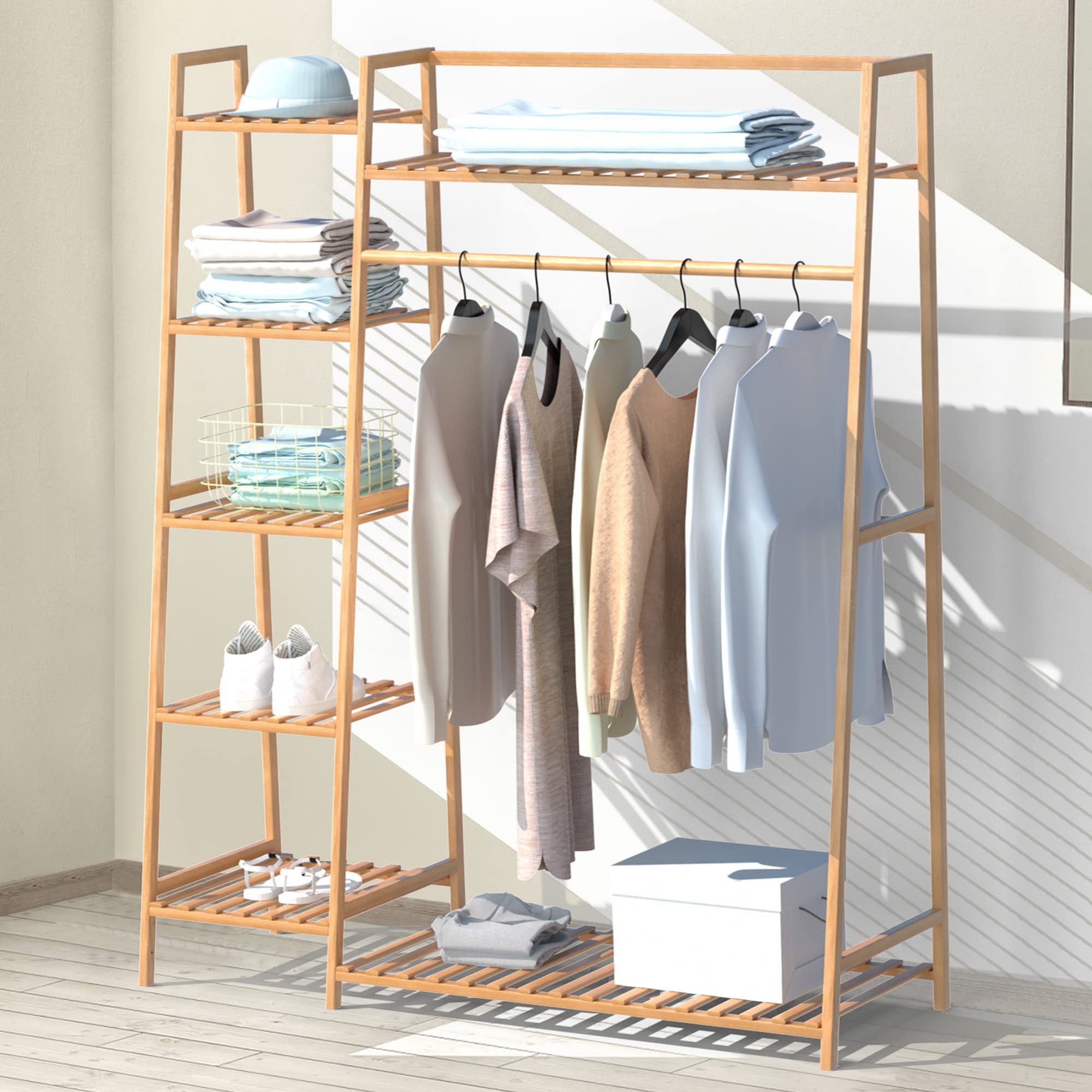 RELIANCER Bamboo Clothing Garment Rack Free Standing Clothes Coat